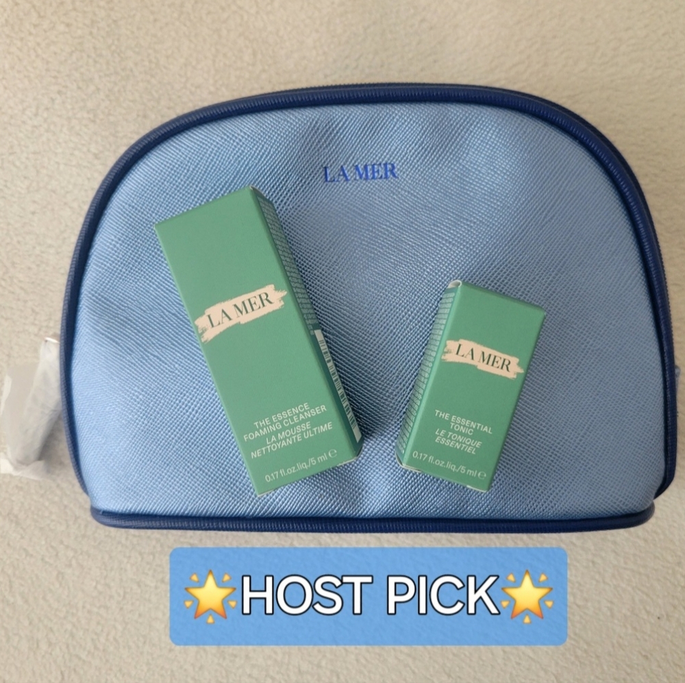 LA MER Blue Cosmetic Bag w/ Foaming Cleanser & The Essential Tonic Miracle Broth